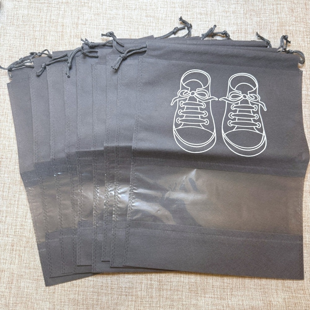 Set of 9 Shoe Travel Bags Gray Drawstring Storage Pouches Clear Window 14x10.5